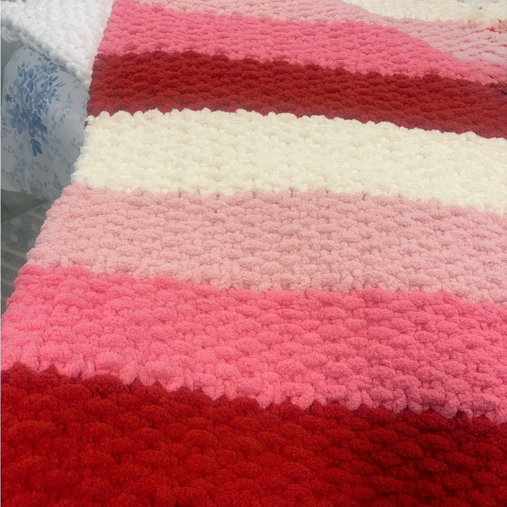 Valentines Inspired Cozy Striped Jumbo Chunky Chenille Hand Knit Blanket